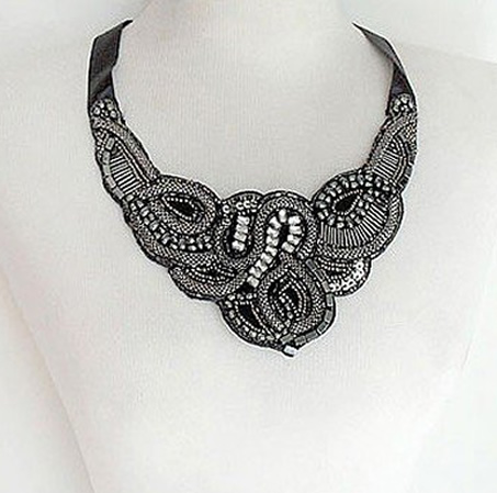 Silver Metal Rhinestone Fabric Bib Necklace