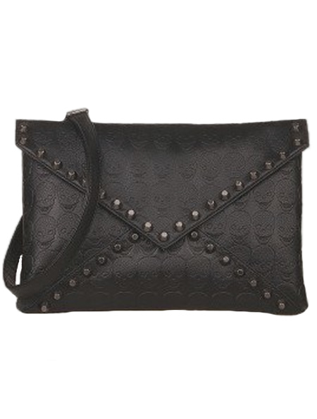 Black Skull Envelope Clutch Purse With Hematite Adornment