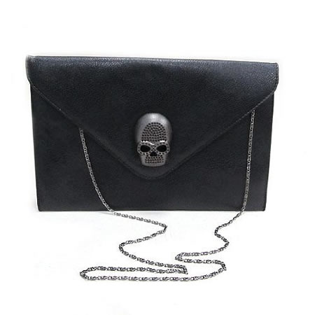 Black Skull Envelope Clutch Purse With Large Hematite Adornment