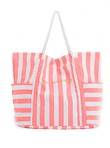 Victoria's Secret Large Canvas Tote Bag Red Valentine Fringed Logo Shopper  Travel Beach